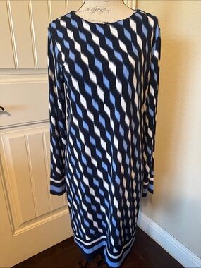 MICHAEL Michael Kors Navy, Light Blue and White Geometric Long Sleeve Dress